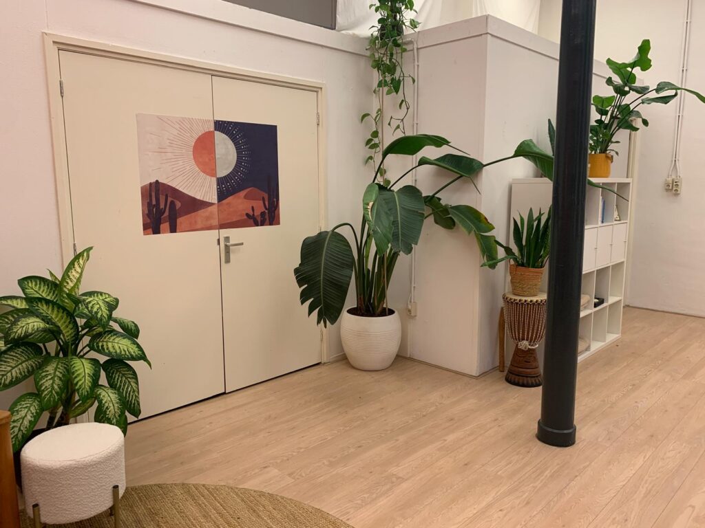 De lichte en rustgevende praktijkruimte van eNurgy in Leiden, met planten en een warme sfeer.
