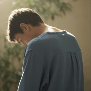 Een persoon met licht gebogen schouders en het hoofd licht gebogen, staand in zacht, natuurlijk licht, symboliseert de connectie tussen lichamelijke houding, stress en innerlijke reflectie. Geschikt als uitgelichte afbeelding voor een blogartikel over houding en bewustzijn.