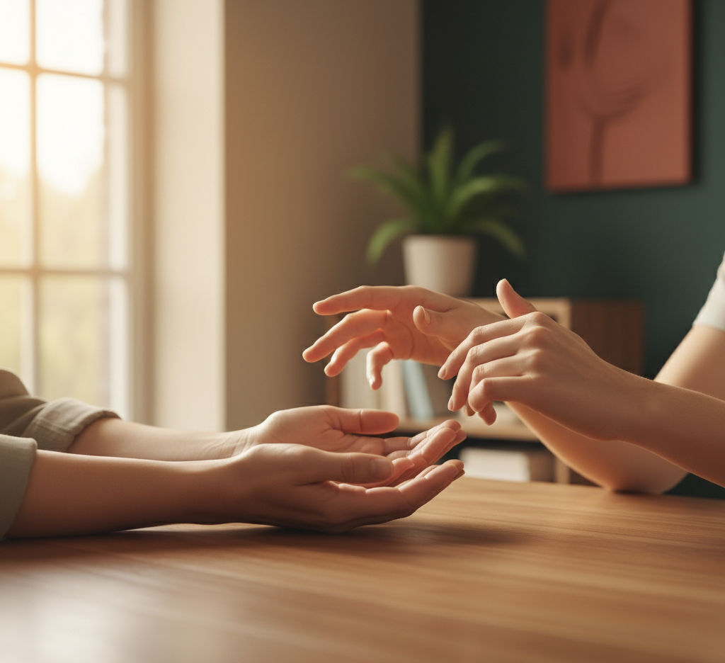 Close-up van handen tijdens een therapiesessie, die de veilige en ondersteunende begeleiding bij eNurgy in Leiden symboliseren.