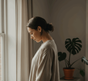 Een vrouw in een serene ruimte, met gesloten ogen en een rustige houding, die stilstaat bij de signalen van haar lichaam en de impact van stress.