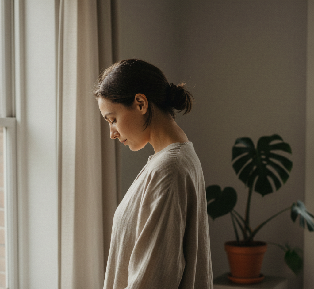 Een vrouw in een serene ruimte, met gesloten ogen en een rustige houding, die stilstaat bij de signalen van haar lichaam en de impact van stress.