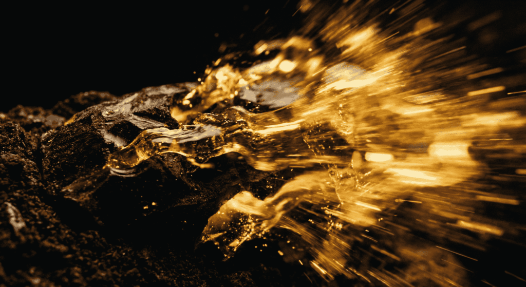 Abstract kunstzinnig beeld van gouden energie die krachtig door donkere materie breekt, symboliserend voor het loslaten van diepe spanning en het proces van ontlading.