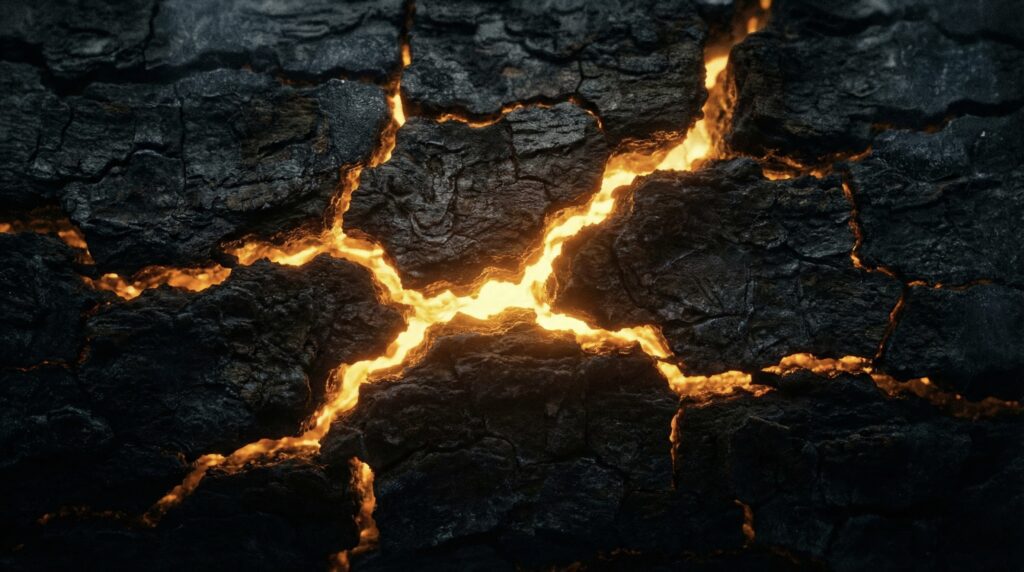 Artistieke close-up van donkere steen met gouden barsten die interne hitte onthullen, als metafoor voor de spanning bij functional freeze.