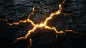 Artistieke close-up van donkere steen met gouden barsten die interne hitte onthullen, als metafoor voor de spanning bij functional freeze.