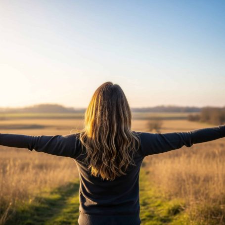 Vrouw met gespreide armen in een veld, symbool voor vrijheid en verbinding met jezelf na een sessie bij eNurgy.